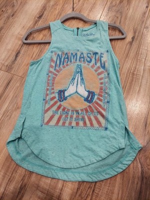 Lucky Brand Tank Top Womens XS Teal Namaste Praying Hand Light Is In All Of Us 
