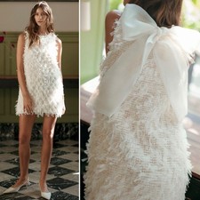 Mable Ivory Textured Fringe Dress Bow Back Sleeveless Mini Small Bride Party