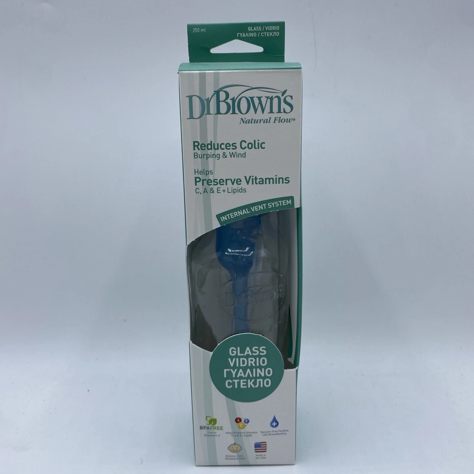 Dr Brown's Glass Bottle Anti-Colic Wide Neck 250ml Baby Bottles