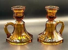 Vintage Anchor Hocking Candle Holder Amber Glass Octagon Base Set Of 2