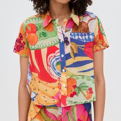 NWT Farm Rio Summer Picnic Camp Shirt Blouse Colorful Food Fruit Floral Banana L