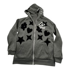 Kids Girls Size S Zip Up Hoodie Stars Hearts Flower Graphic Print Gray Polyester
