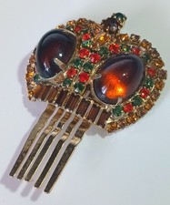 Vintage Gold-tone Crown Hair Comb w/ Multicolor Rhinestones  Translucent Cabs