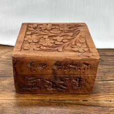 Hand Carved Wood Box Floral Design Trinket Jewelry Box