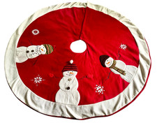 Appliqued Snowmen Red Christmas Tree Skirt 46" Fleece Reversible Hook Loop