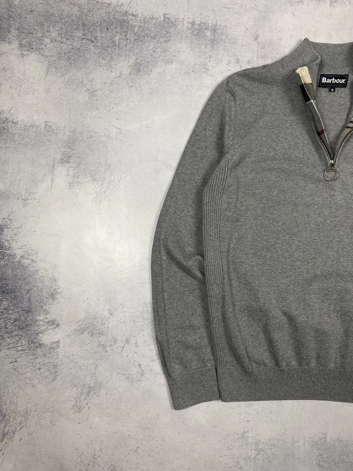 Barbour Jumper Mens Medium Gray Nova Check Half Zip Neck Cotton Sweater Knit - Image 2 of 4