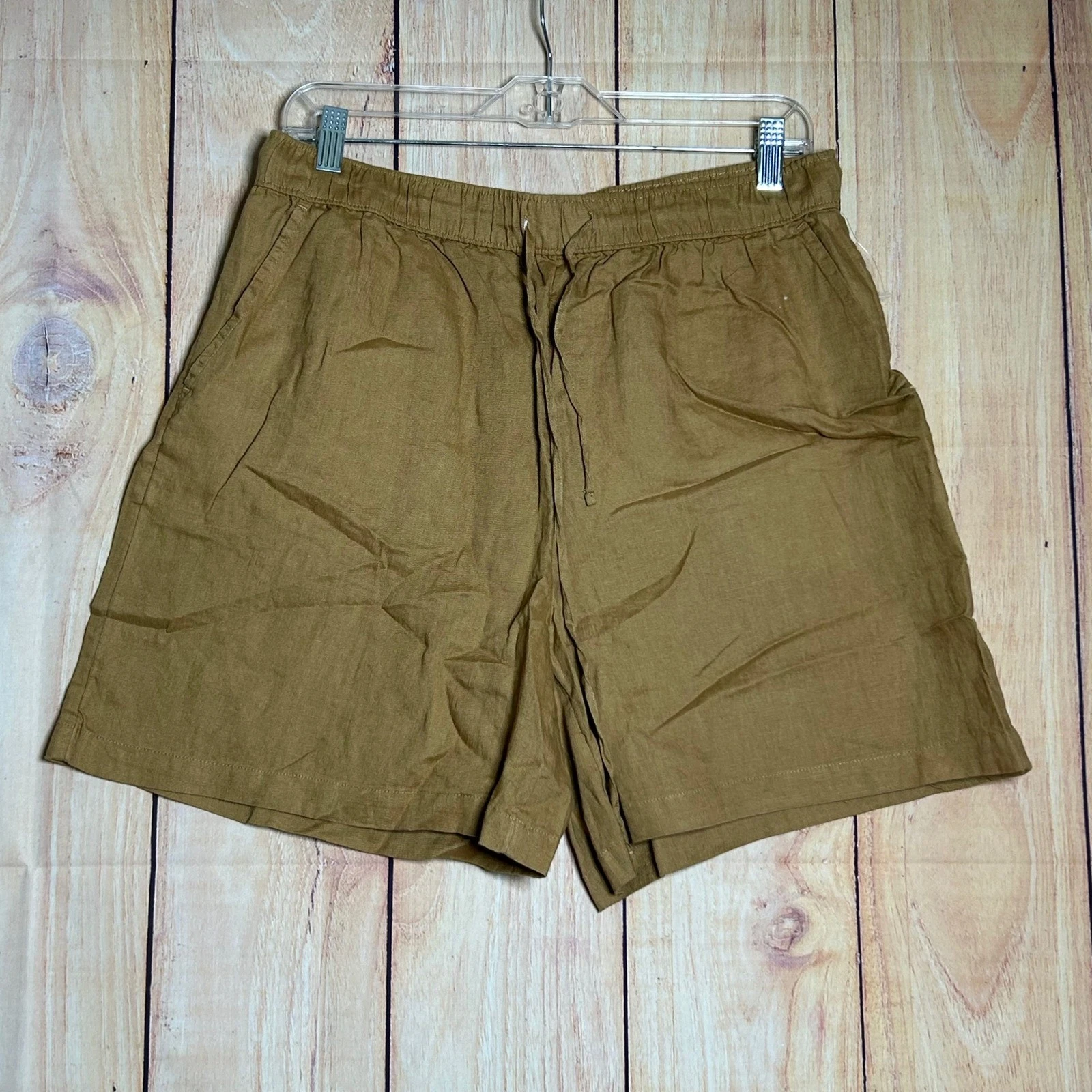 Tahari Linen Shorts Women L Khaki Drawstring Elastic Waist Coastal Summer Preppy