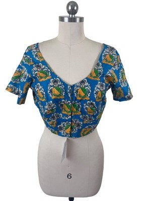 Kalamkari Saree Blouse Crop Top Womens  M-L Blue Hand Block Print Buddha Boho