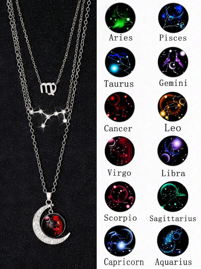3 Pack Zodiac Constellation Pendant Necklaces – 12 Stars Astrology Jewelry Set