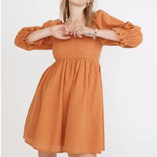 Madewell Puff Sleeve Smocked Mini Dress Clip Dot Orange Mulled Cider Size 8