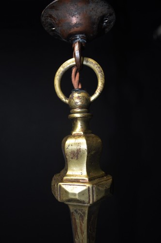 art deco industrial Opaline glass bronze & brass schoolhouse pendant light C1920 - Picture 16 of 19