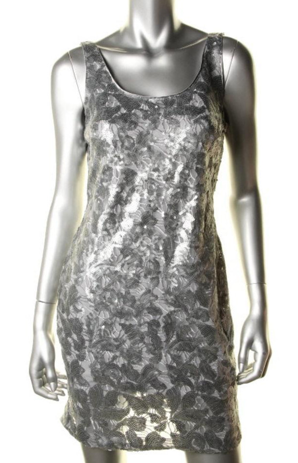 silver sequin tank dress AQUA ~ Silver Sequins Floral Mesh Scoop Neck Tank Sheath Party Dress 8 NEW  $188