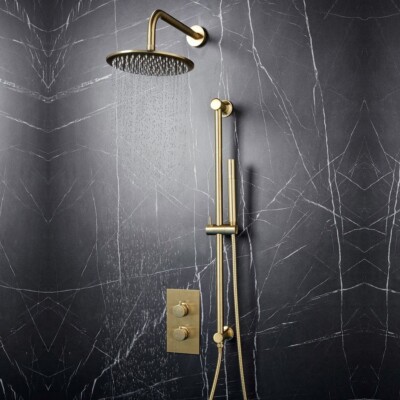 Apres Gebürstetes Messing Rund Dusche - Fester Duschkopf & Handset Riser Kit