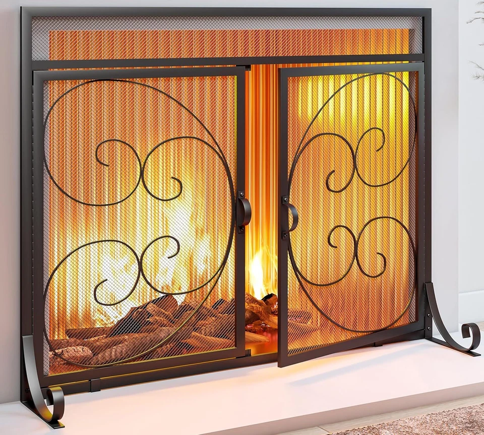 Chimenea Plana Pantalla Puertas Bisagras Artesanal Hierro Forjado Pergamino Clásico Foto 2 de 4