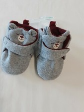 Infants Grey  Maroon Teddy Bear Ankle Slippers W/Fastener Strap Size 0-3 Mos.