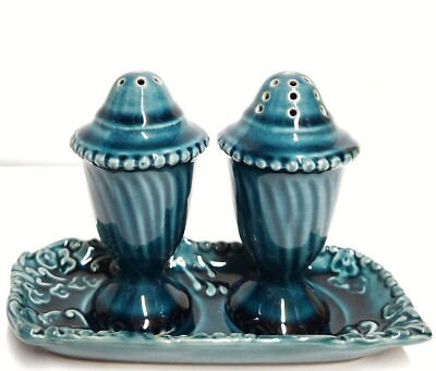Anthropologie Salt & Pepper Shaker Set with Tray Glazed Dark Turquoise NIB