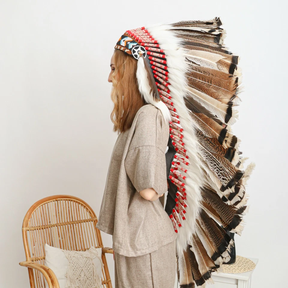 Headband Feather Indian Turkey Brown Native Warbonnet Headdress Handmade 37"long - Image 3 of 4