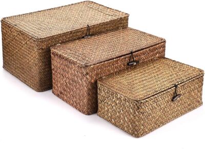 Set of 3 Natural Seagrass Storage Baskets with Lid - Large Handwoven Wicker Stor