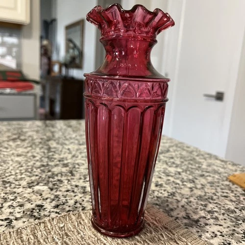 Vintage Fenton Glass Ruffled Edge Vase / Cranberry / Signed
