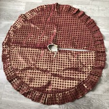 Red Burgundy Gold Diamond Metallic Design Ruffled Edge Christmas Tree Skirt 47in