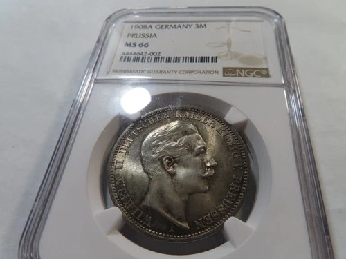 T25 Germany Prussia 1908-A Silver 3 Marks NGC MS-66 Nice Toning