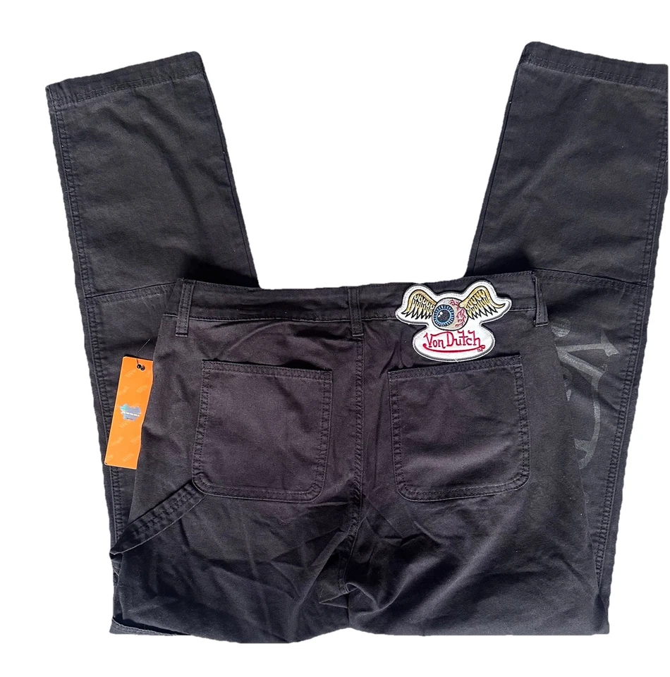 Pantalones de mezclilla bordados con globo volador de carpintero de algodón negro Von Dutch 30x32 nuevos con etiquetas Foto 4 de 4