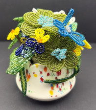 Vintage French Beaded Mini Glass Seed Bead Flowers Bouquet in MCM Vase