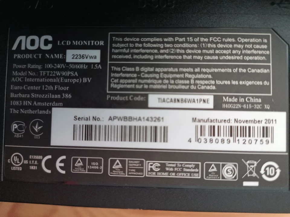 AOC 2236Vwa 22 Zoll TFT LCD PC Monitor Bildschirm 1920 x 1080 VGA DVI - Bild 3 von 4