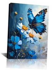Framed Butterfly Canvas Framed Blue Flowers and Butterfly Minimalist Wall Decor