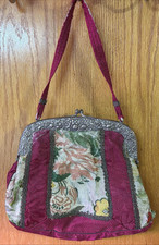 Antique Repousse Metal Frame Tapestry Needlepoint Evening Bag Silk Lined As Is