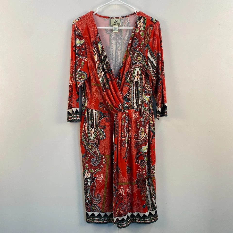 ICE Womens 1X Dress Redish Pink Pullover 3/4 Sleeve Stretch V-Neck Paisley - Image 3 of 4