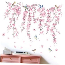 Cherry Blossom Wall Stickers for Bedroom: Peel and Stick Flower Bird Pink