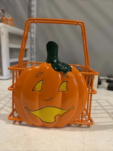RARE VTG 90s Bath & Body Works Halloween Pumpkin Metal Basket Jack O Lantern TAG - product listing photo
