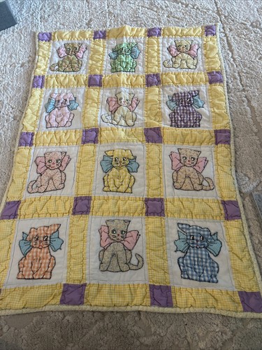 Vintage Yellow Gingham Hand-Made Baby Quilt Crib Cats Bows Colorful Cottagecore-