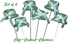 6 ST PATRICKS DAY GLITTER PICKS TOP HATS FLORAL WREATHS CRAFTS LIME GREEN BOW