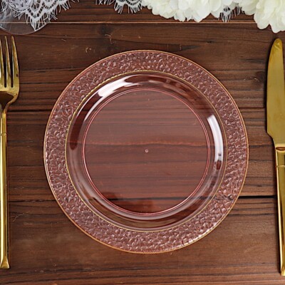 Blush Round Plastic Salad Plates Rose Gold Hammered Trim