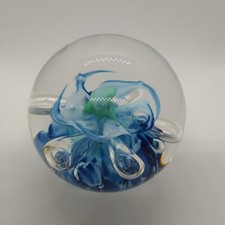 SELKIRK SCOTLAND GLASS PAPERWEIGHT SATIN 1993 BLUE GREEN CLEAR 2.75"