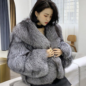 Womens fox fur wool jacket winter warm long coat parka overcoat outwear Sz S-2XL