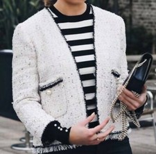 Zara Fantasy Fray Boucle Sequin Jacket Pearl Ivory Ecru Black Sz S Fit 6 Xs Bnwt
