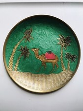 Solid Brass Vibrant Art Plate Vintage Camel Palm Tree Painting Happy Hip Art 7in
