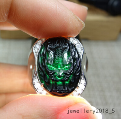Certified Black Green Burma 100% natural A jadeite jade Dragon Head Ring 墨翠 龙头戒指