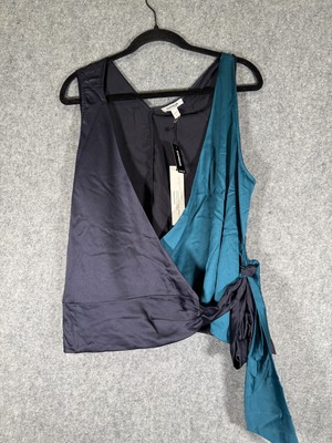 Express Blouse Women XL Blue Satin Sleeveless Wrap V Neck Satin Career Office