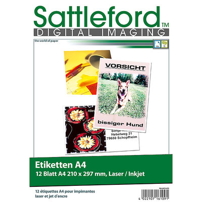 Sattleford Klebeetiketten: 12 Etiketten A4 210x297 mm für Laser/Inkjet