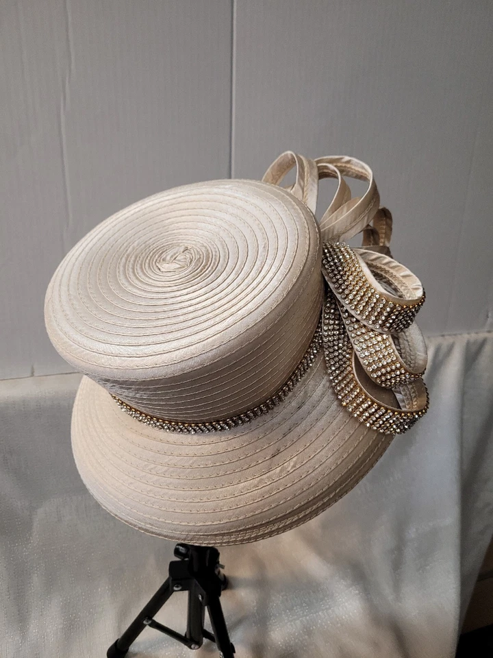Sophia Collection LA Kentucky Derby Church Hat Beige Satin With Rhistones  - Image 4 of 4