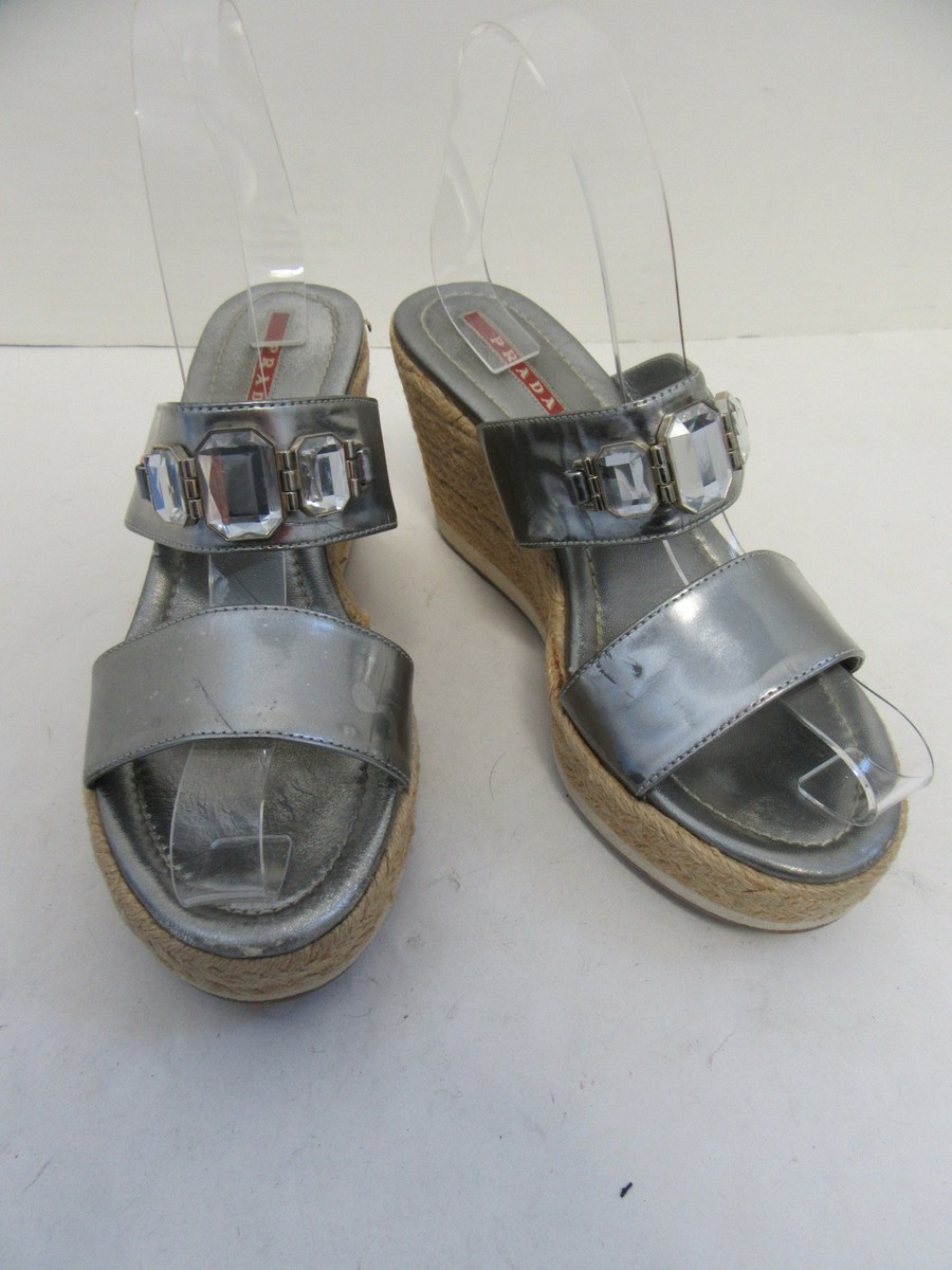 PRADA silver crystal wedge sandals sz 36.5 | eBay UK