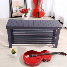 3-Tier Shoe Bench With Storage - Portable, Bamboo, Coffee Color & Strip Pattern