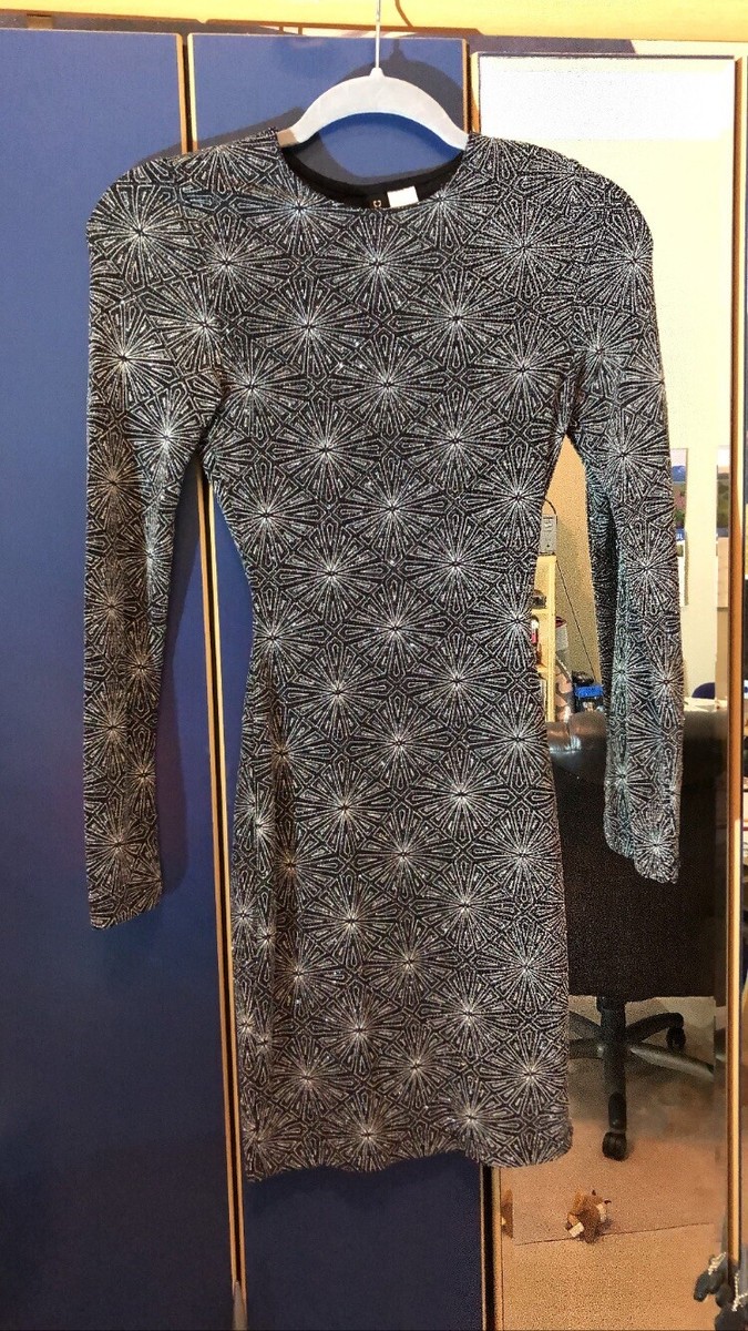 H&M Black Silver Glitter Bodycon Party Dress XS Long Sleeve Open Back
