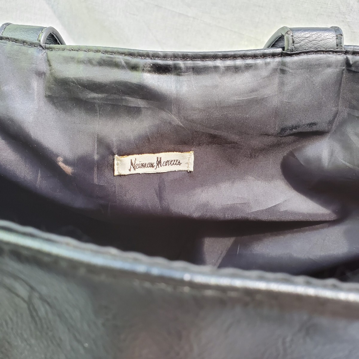 Neiman Marcus Black Faux Leather Open Top Tote Bag with Side