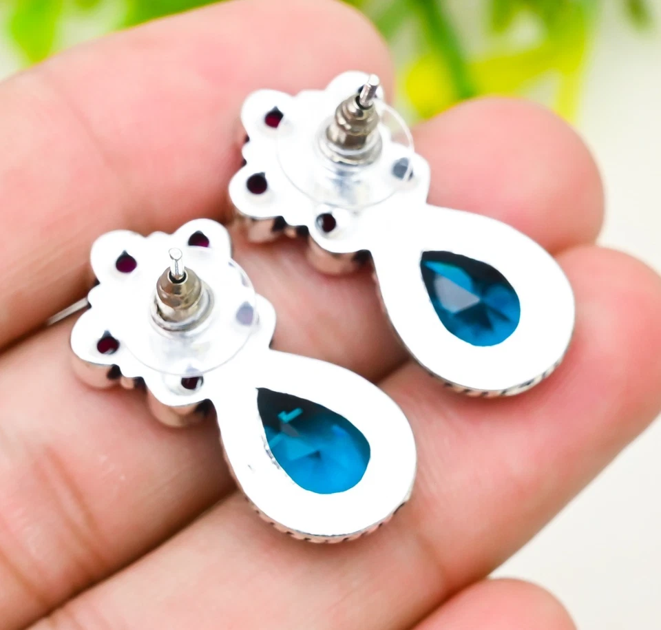 Orecchini gioielli in argento sterling 925 con topazio blu svizzero, pietra... - Immagine 3 di 4