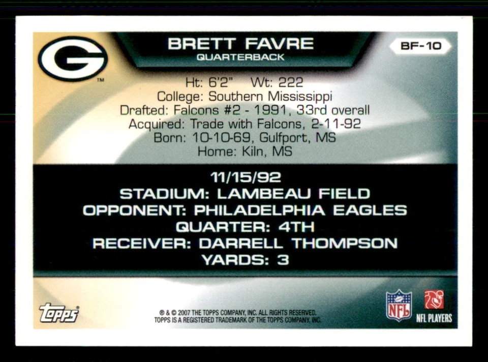 2007 Topps Brett Favre Flight to 420 Green Bay Packers #BF-10 - Image 2 of 2
